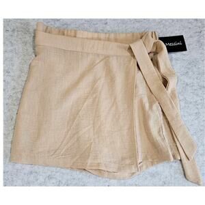 Messini Wrap Mini Skirt Skort Tie Waist Linen Look Beige, Built in Shorts, Sz M
